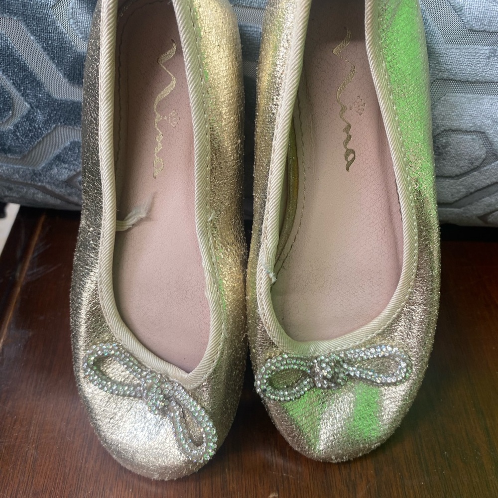 Nina Gold and Green Flats with Bow Detail